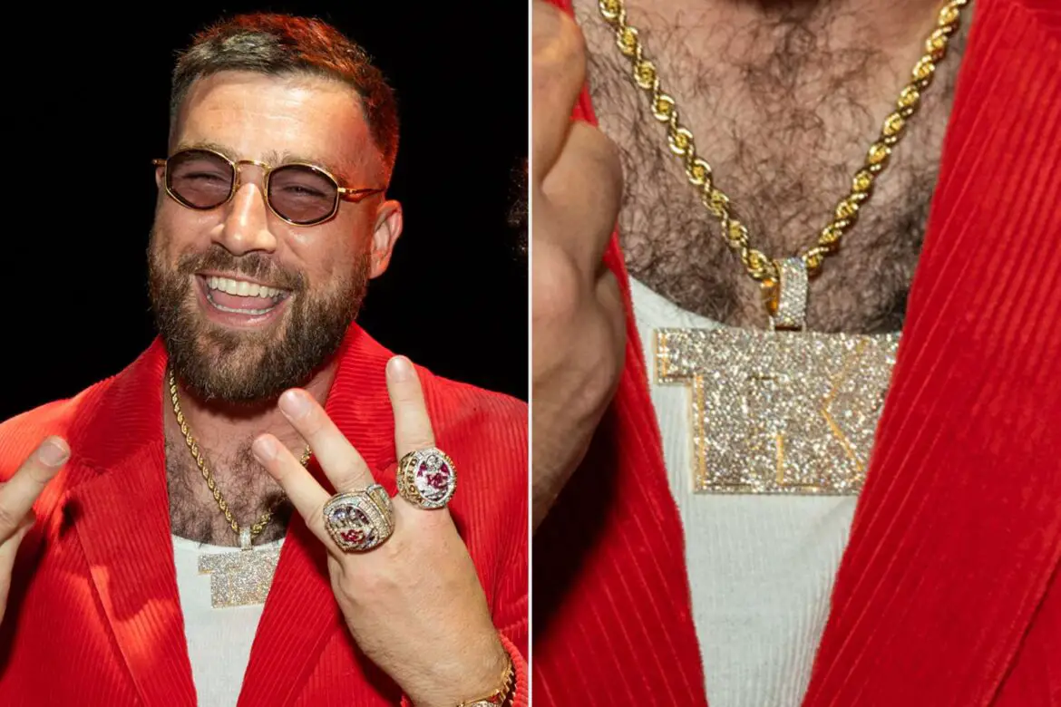 Travis Kelce Wears Blinged-Out ‘TK’ Necklace at Super Bowl Ring Ceremony ArticlePure