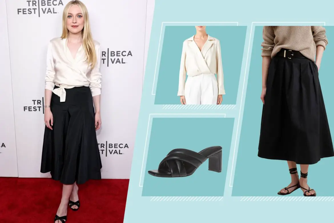 Dakota Fanning’s Elegant Outfit Had a Wrap Top, Midi Skirt, and Sandals ArticlePure